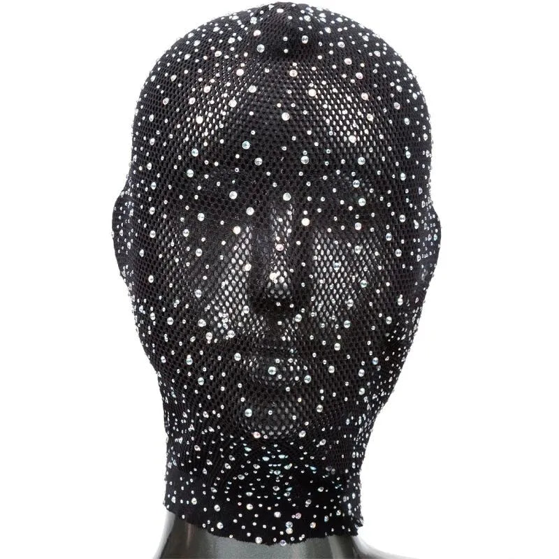 Capuche noire en maille respirante avec strass, design glamour et sensuel pour couples, taille unique, laçage corset.