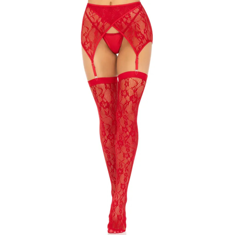 Bas cuissards dentelle rouge avec porte-jarretelles, design élégant et sensuel, parfait pour occasions spéciales.