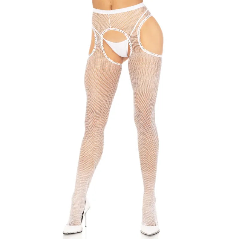 bas résille sans entrejambe bretelles réglables nylon extensible blanc sexy flatteur maintien confortable maille fine audacieux séduisant taille unique élégant
