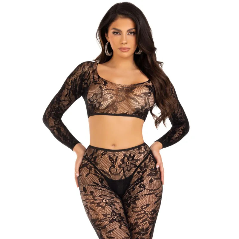 Ensemble lingerie dentelle Chantilly crop top manches longues collants sans pieds