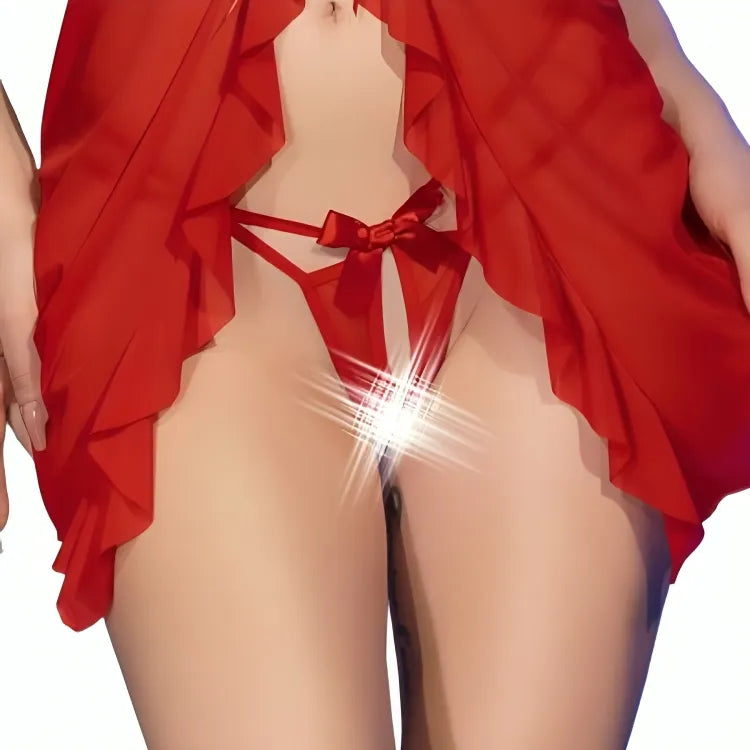 Nuisette rouge Chilirose CR 4696, dentelle transparente, entrejambe ouvert, ruban décoratif, allure séduisante.