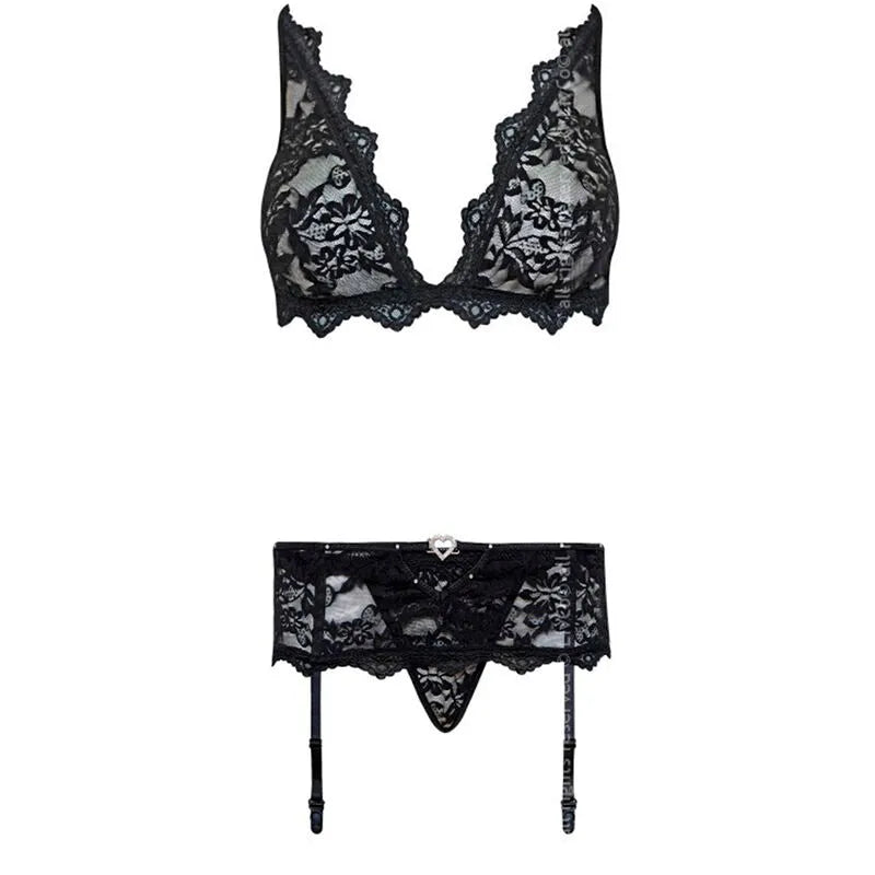 Ensemble lingerie dentelle noire Livco Corsetti trois pièces, soutien-gorge, culotte, porte-jarretelles élégant et sensuel.