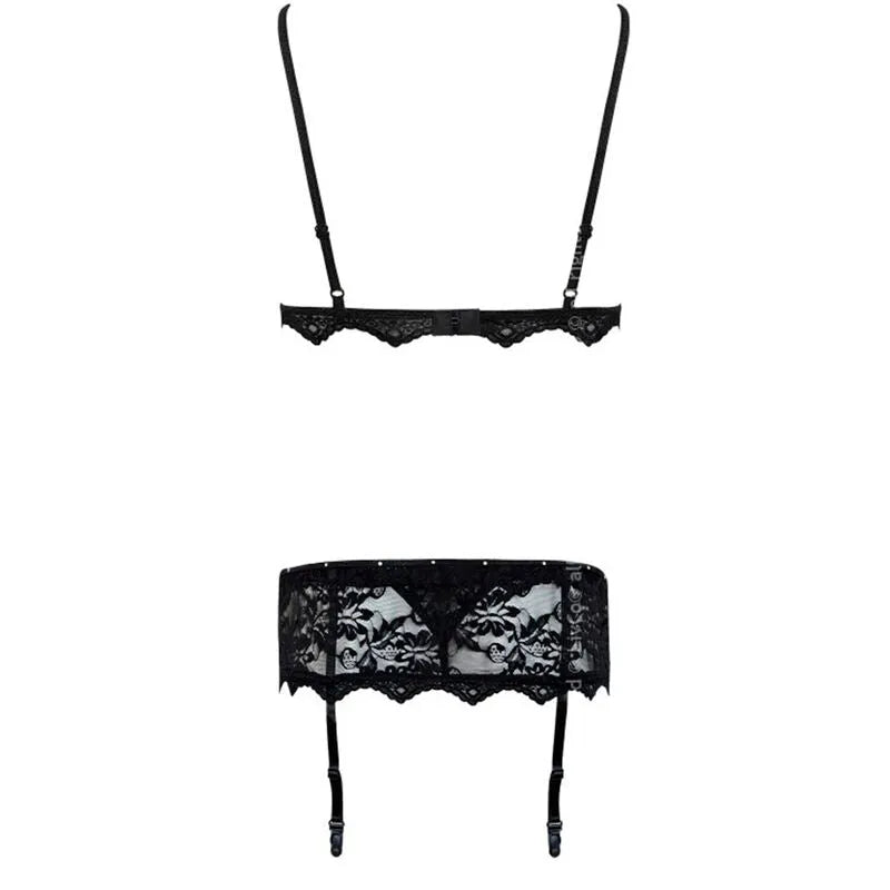 Ensemble lingerie dentelle noire Livco Corsetti trois pièces avec soutien-gorge, culotte et porte-jarretelles élégant.