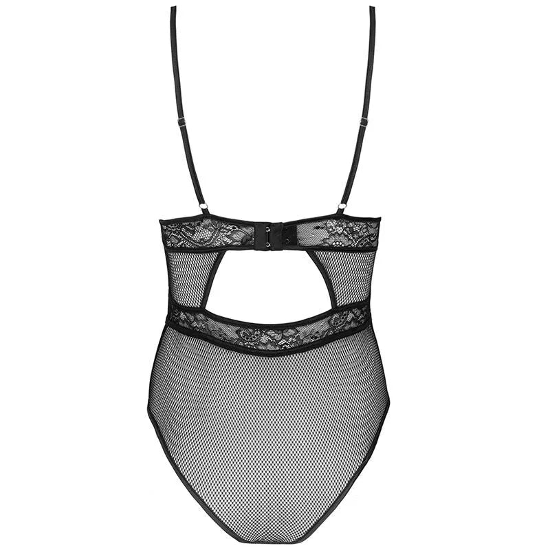 Body dentelle noire Livco Corsetti avec armatures, dos ouvert, dentelle délicate et maille transparente, style séduisant.