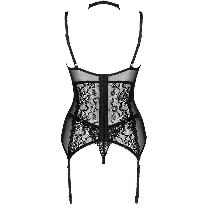 Corset noir ajustable en dentelle avec bretelles réglables et string inclus, fermeture crochets, élégant et sophistiqué.
