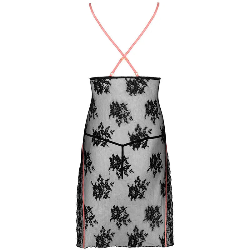 lingerie dentelle noire rose poudré chemise nuit string élégante sensuelle raffinée confortable polyamide semi transparente ruban buste fentes latérales