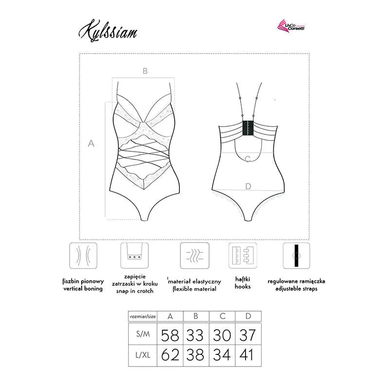 Body noir Kylssiam Livco Corsetti en dentelle transparente, bretelles ajustables, motifs végétaux, découpe losange.