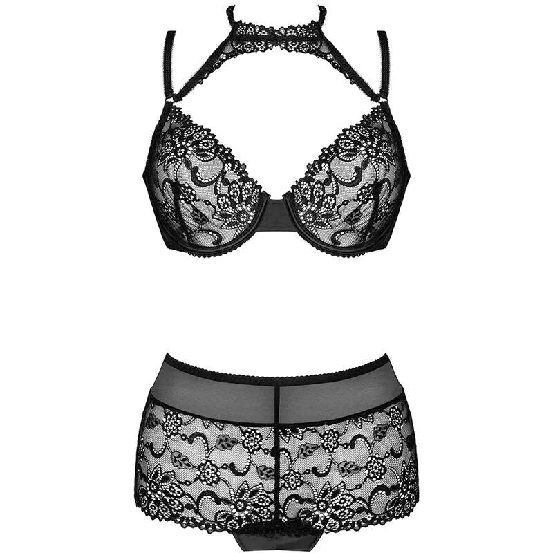 Soutien-gorge dentelle florale noir avec culotte taille haute Livco Corsetti Fashion