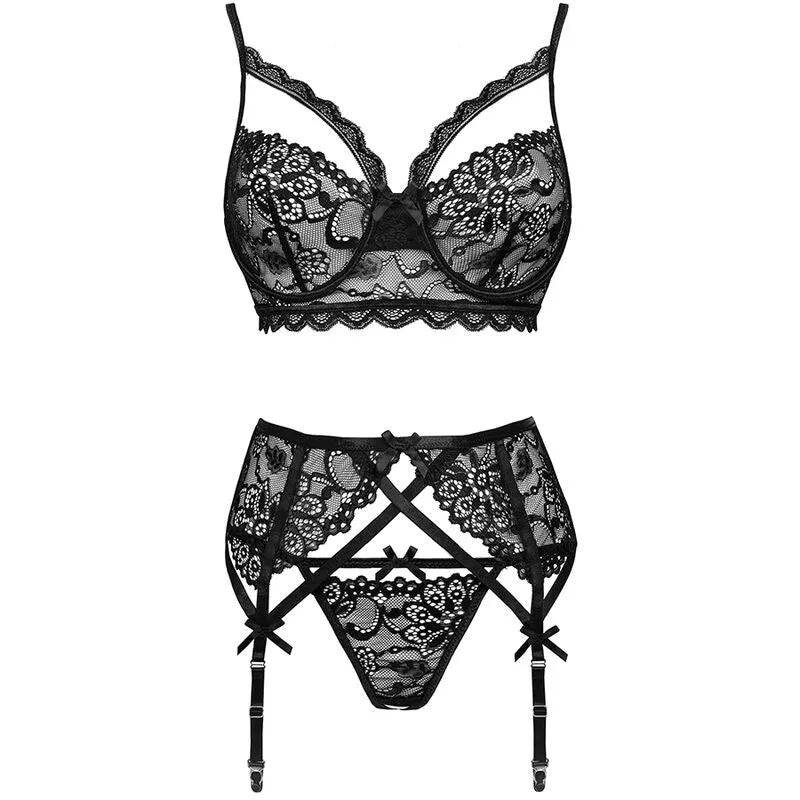 Ensemble lingerie noir dentelle Livco Corsetti avec soutien-gorge, culotte et porte-jarretelles, élégant et raffiné.