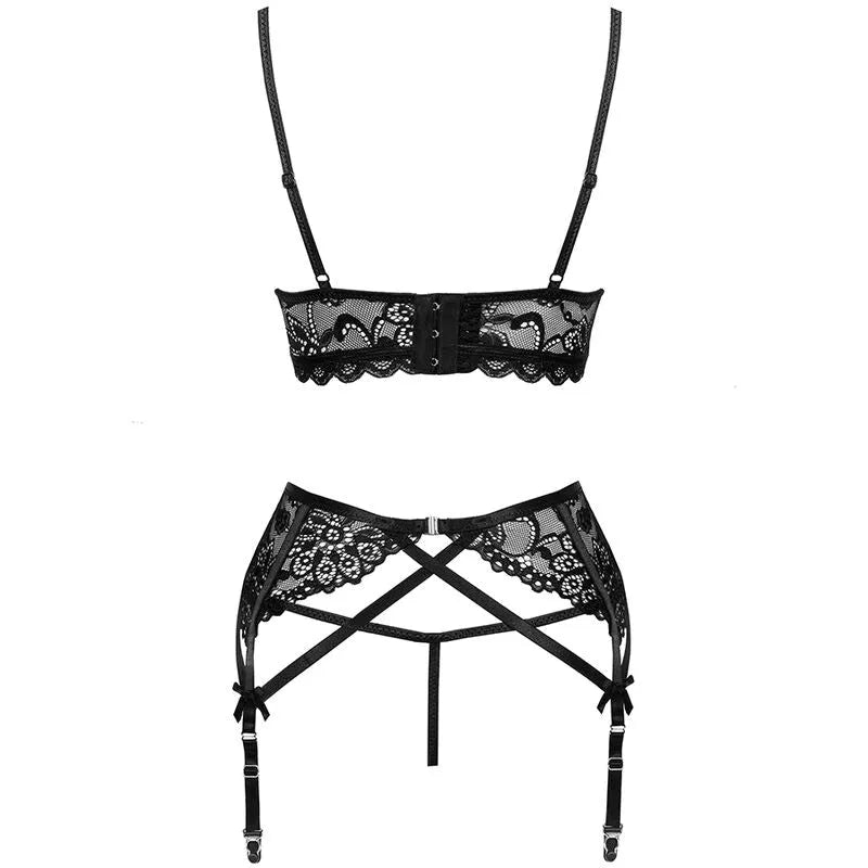 Ensemble lingerie noir dentelle LivcoCorsetti avec soutien-gorge, culotte et porte-jarretelles, design élégant et sculptant.