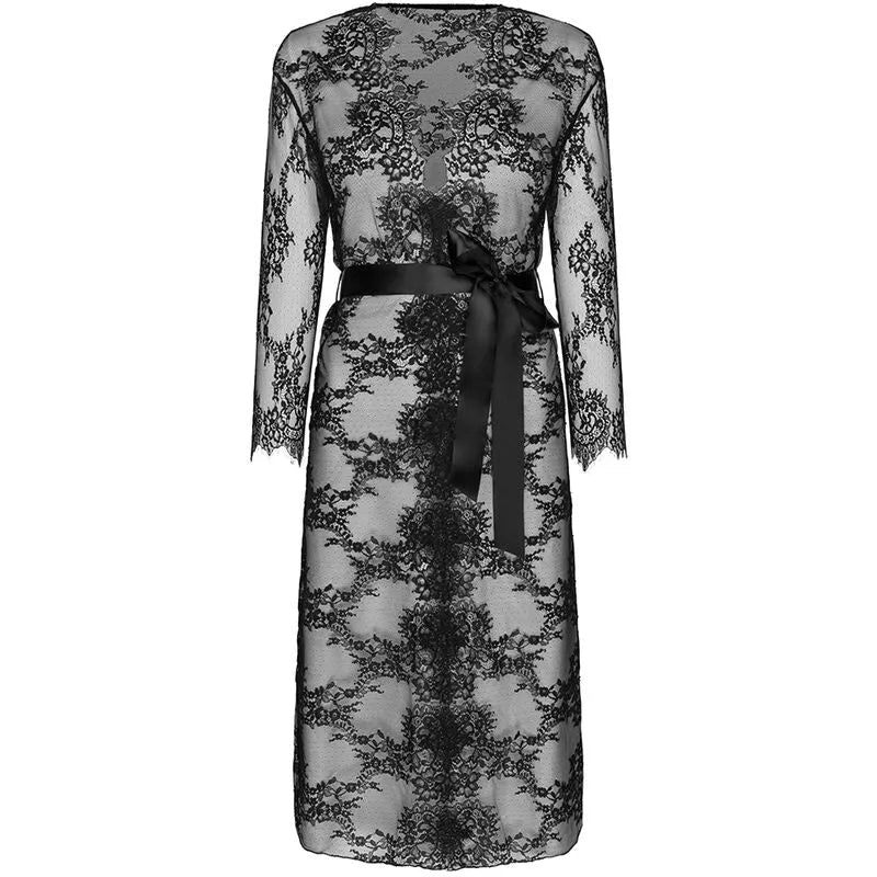 Peignoir transparent femme noir mi-mollet motif floral sexy Saint-Valentin