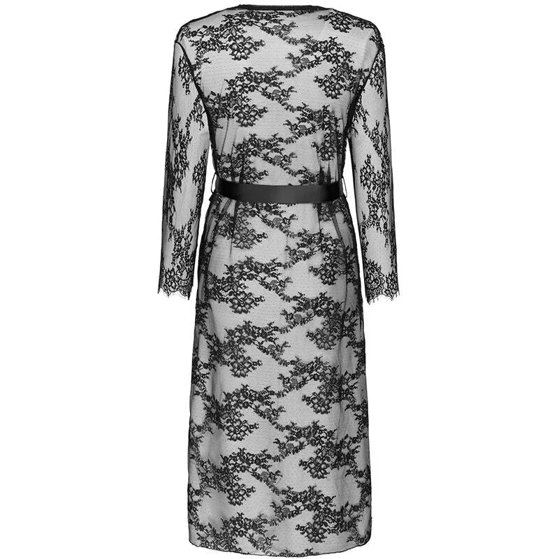 Peignoir transparent femme noir mi-mollet motif floral sexy Saint-Valentin