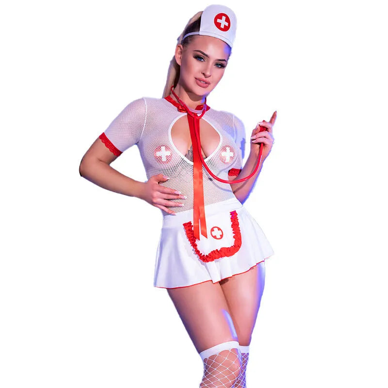 costume infirmière sexy sensuelle carnaval soirées déguisées complet chapeau stéthoscope body jupe plissée tablier bas cacheseins ajustable tailles