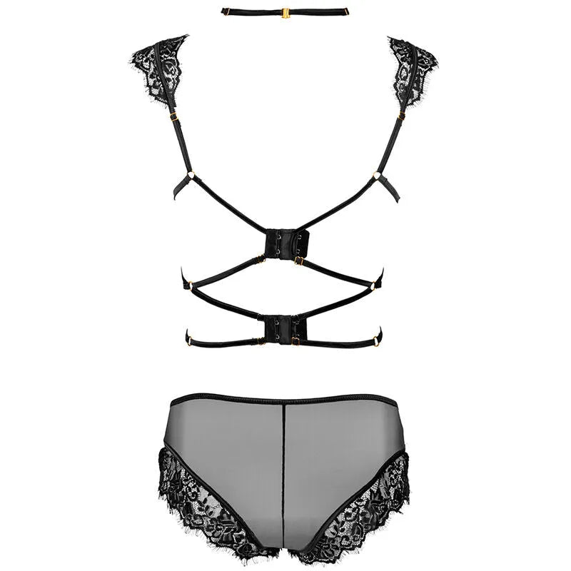 Ensemble lingerie noire dentelle transparente, bretelles ajustables, fermeture crochet, glamour et confortable.