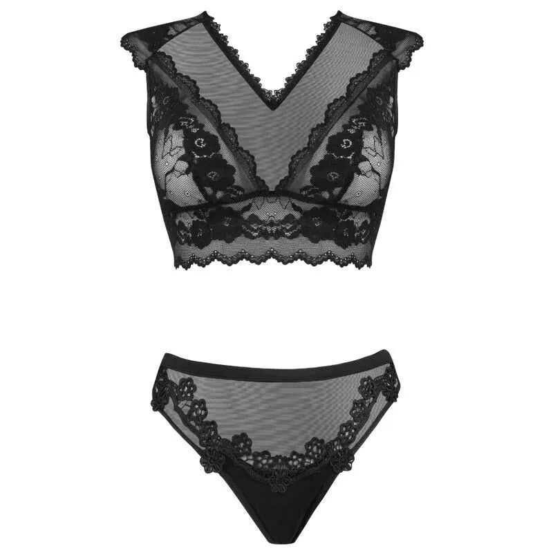 Ensemble lingerie noir dentelle transparente balconnet tanga satin, décolleté plongeant, dos transparent, élégant et sensuel.