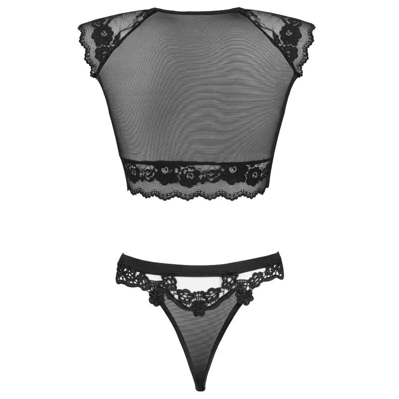 Ensemble lingerie noir dentelle transparente balconnet tanga satin ajusté, décolleté plongeant, dos transparent.