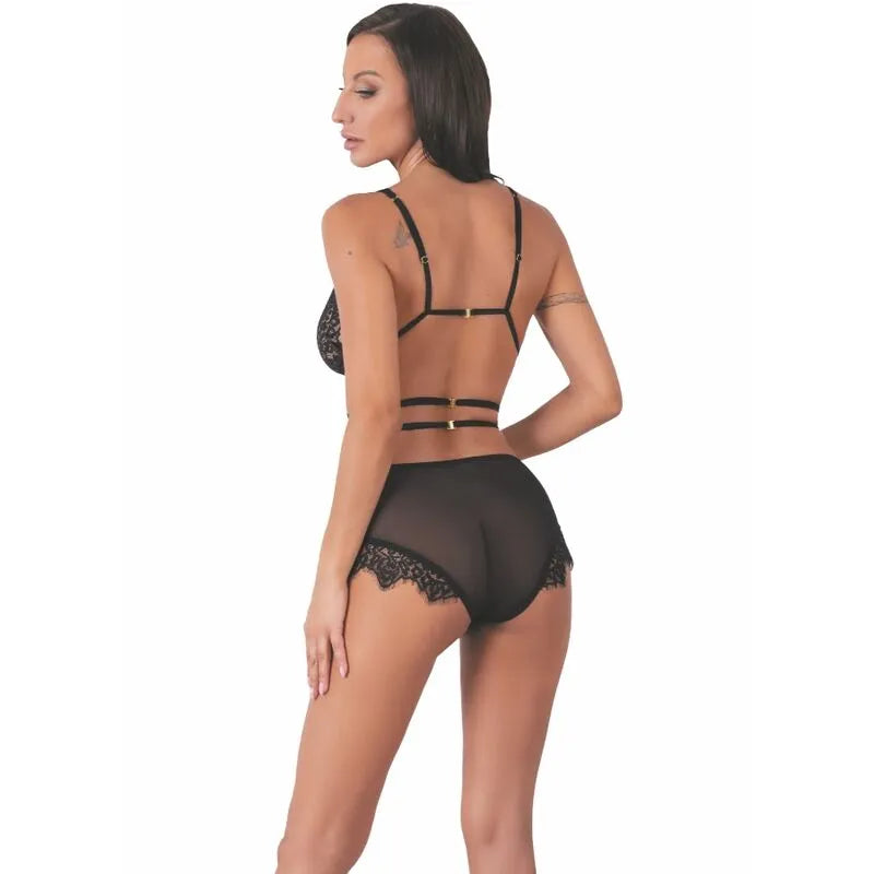 soutiengorge dentelle noire culotte taillebasse attaches dorées bretelles décoratives bonnets triangulaires élégante sensuelle confortable flexible raffinée