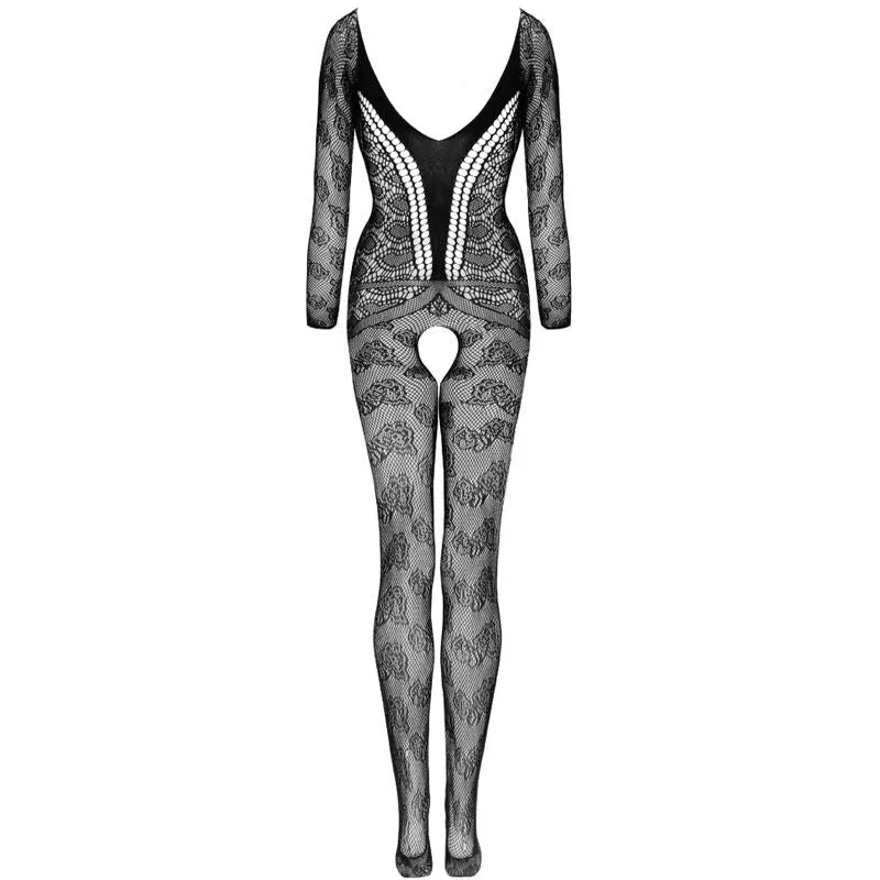 Combinaison noire érotique manches longues, résille transparente, entrejambe ouvert, design sculptant et sensuel.