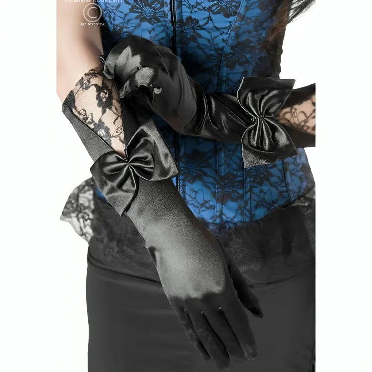 Gants satin noirs avec dentelle et nœud, élégants pour mariage ou gala, accessoire chic et raffiné.
