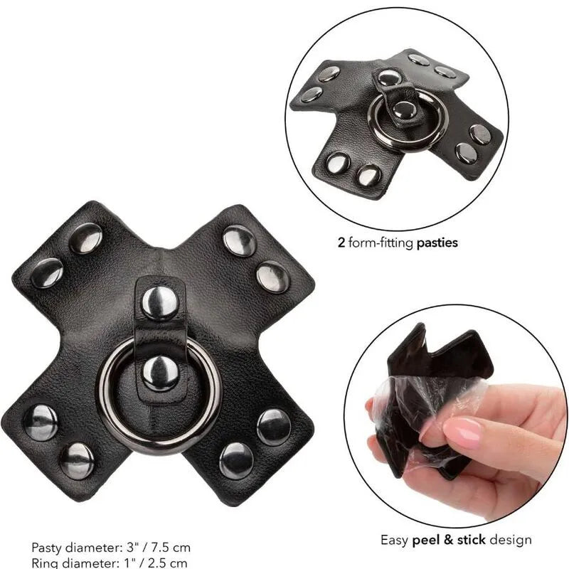 Cache-tétons noirs réutilisables avec rivets métalliques et joint torique, design sophistiqué, application facile.