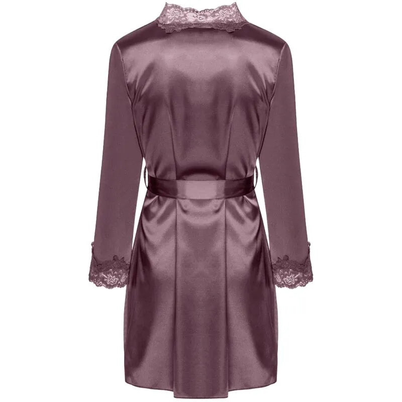 Ensemble lingerie satin violet dentelle Livco Corsetti avec peignoir, chemise et string, bretelles réglables, tailles S-XL.