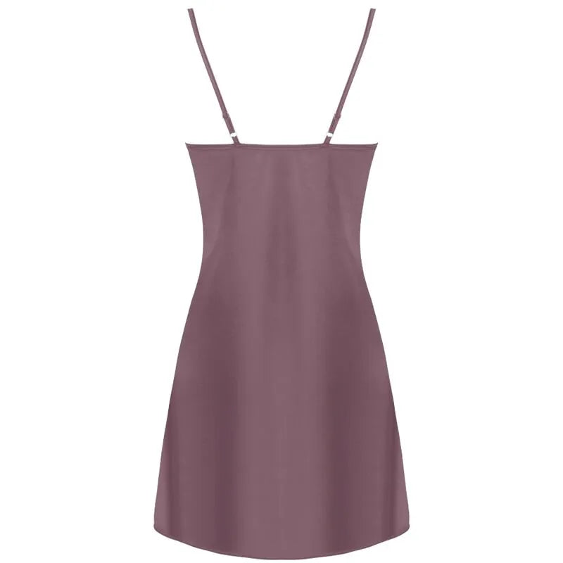 Ensemble lingerie satin violet dentelle Livco Corsetti avec peignoir, chemise et string, bretelles réglables, tailles S-XL.