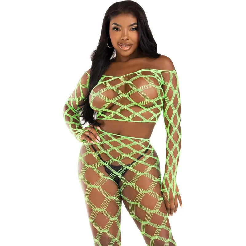 ensemble deux pièces haut court résille bas sans pieds moulant ajusté élastique durable maille vert intense