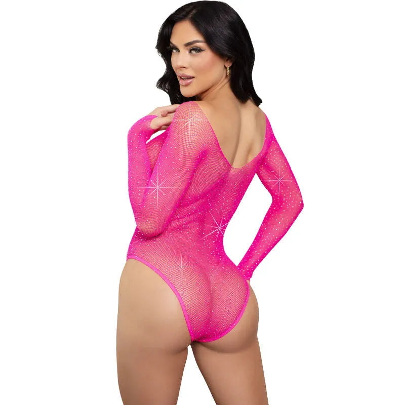 Body résille rose à strass, manches longues, culotte pratique, glamour, idéal pour occasions spéciales.