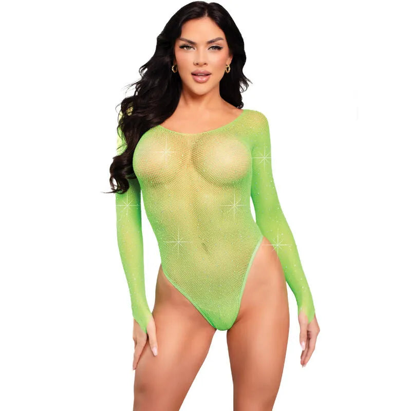 Body résille manches longues strass glamour sensuel occasions spéciales vert
