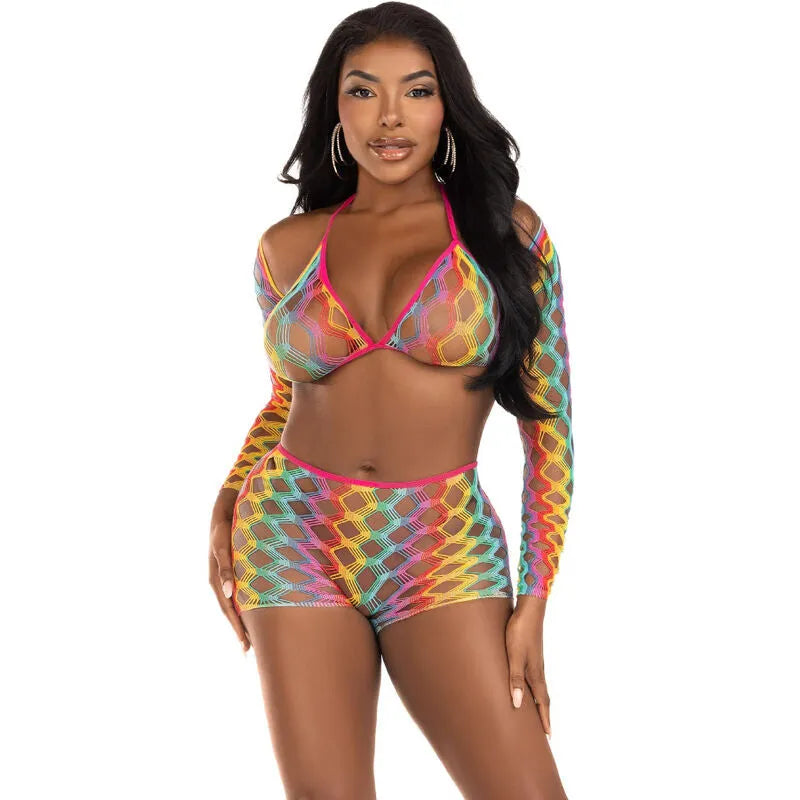 ensemble trois pièces multicolore vibrante maille irisée brassière boléro short extensible confortable tailleunique audacieuse originale festival soirée affirmée