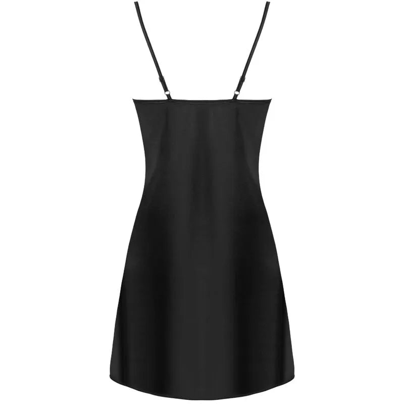 Ensemble lingerie satin noir brillant dentelle Livco Corsetti avec peignoir, nuisette, string, bretelles réglables.