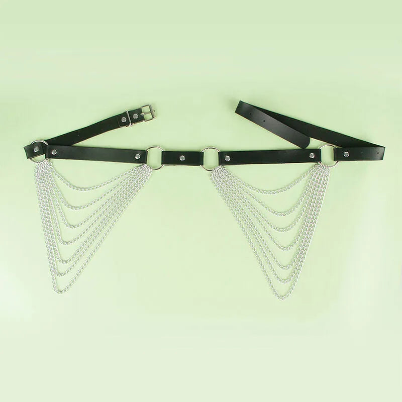 Ceinture chaîne en cuir noir avec chaînes argentées, élégante et ajustable, idéale pour une allure sophistiquée et sensuelle.