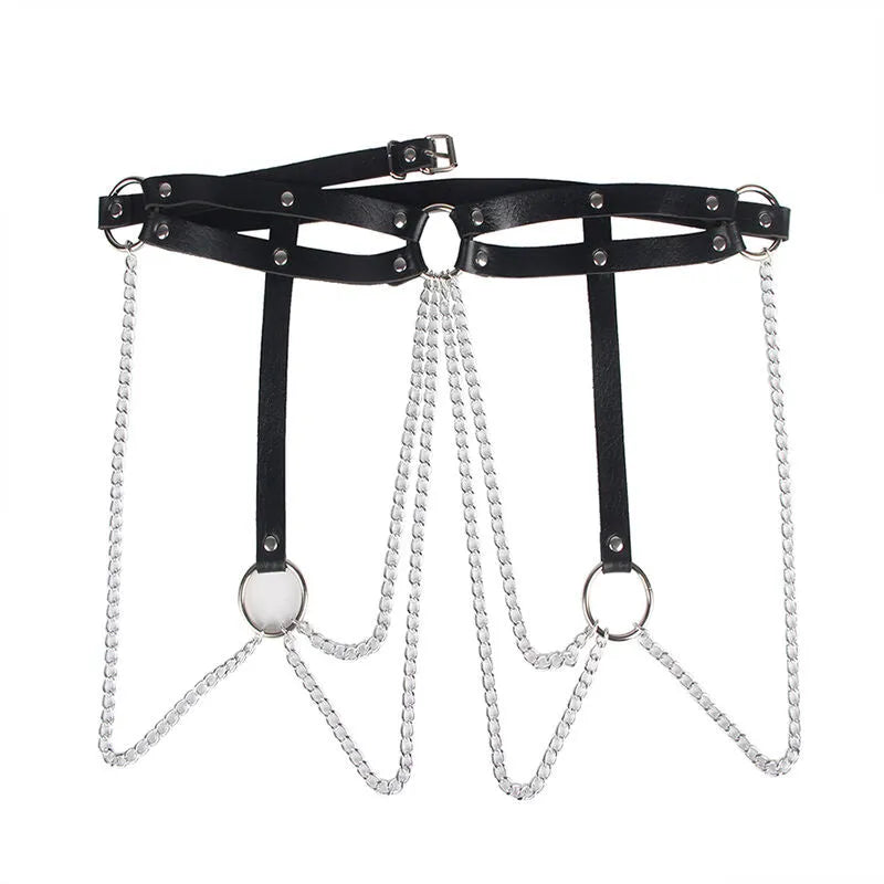 Ceinture en cuir noir Subblime avec chaînes et anneaux métalliques, design séduisant et sophistiqué pour féminité audacieuse.