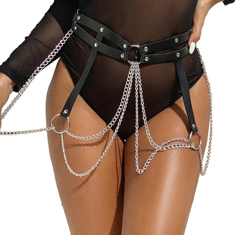 ceinture cuir véritable noir Subblime chaînes anneaux métalliques robustes confortable sexy séduisante féminité sophistiquée audacieuse glamour silhouette taille unique