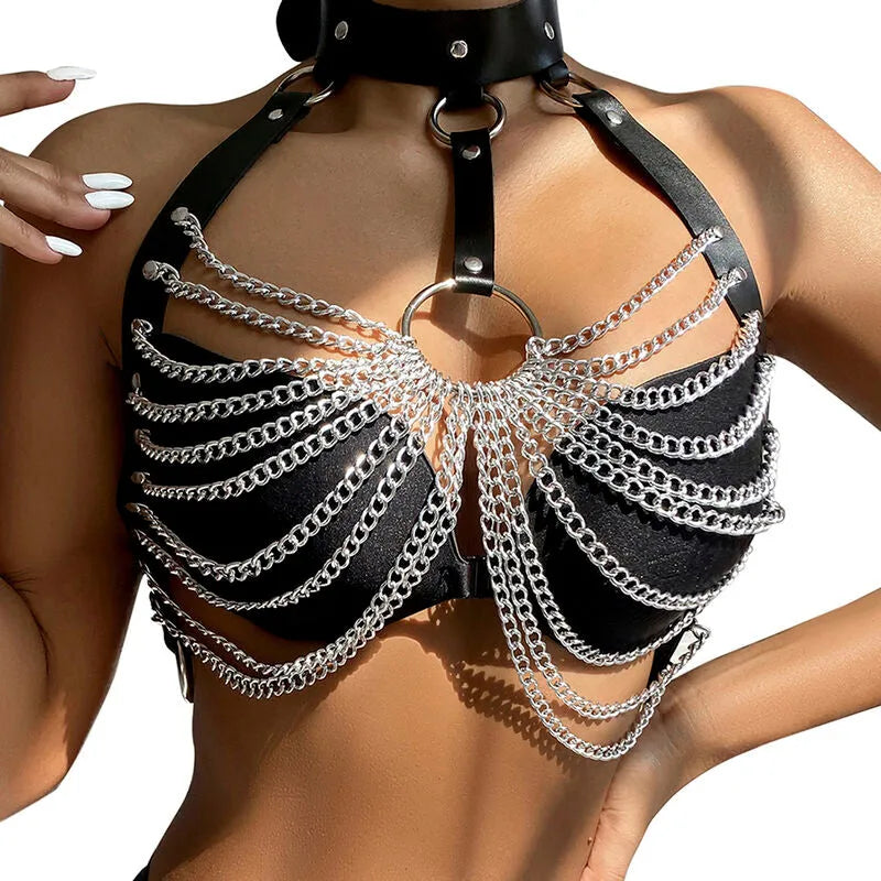 harnais poitrine cuir noir chaînes argentées séduction élégance ajustable confortable qualité supérieure finition raffinée cadeau sophistiqué soirée audacieux féminin