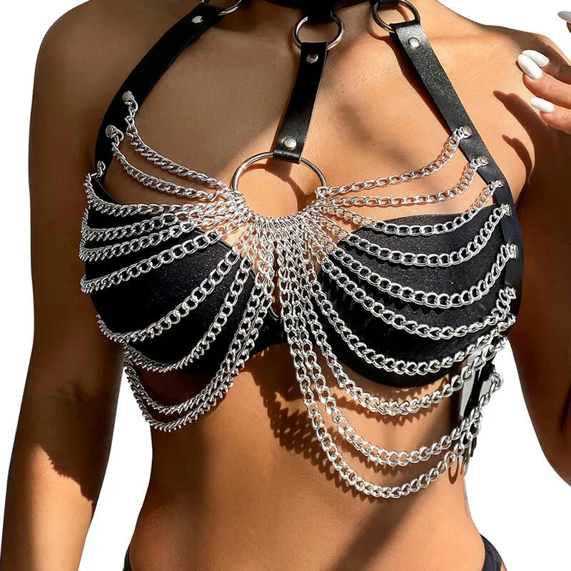 harnais poitrine cuir noir chaînes argentées séduction élégance ajustable confortable qualité supérieure finition raffinée cadeau sophistiqué soirée audacieux féminin