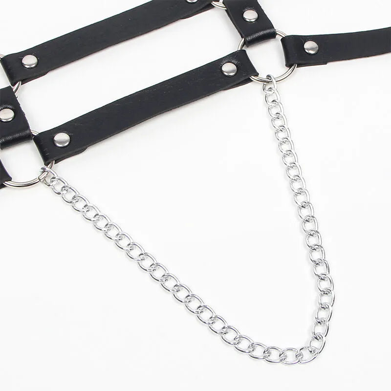 Harnais cuir noir avec chaînes délicates, ajustable, élégant et sensuel, pour femme, confort maximal, taille unique.