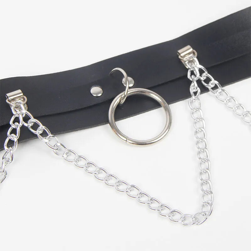 lingerie harnais ceinture jarretières cuir noir chaînes anneaux séduction élégance féminin sensuel sexy ajustable tailleunique haute qualité confortable durable sophistiquée
