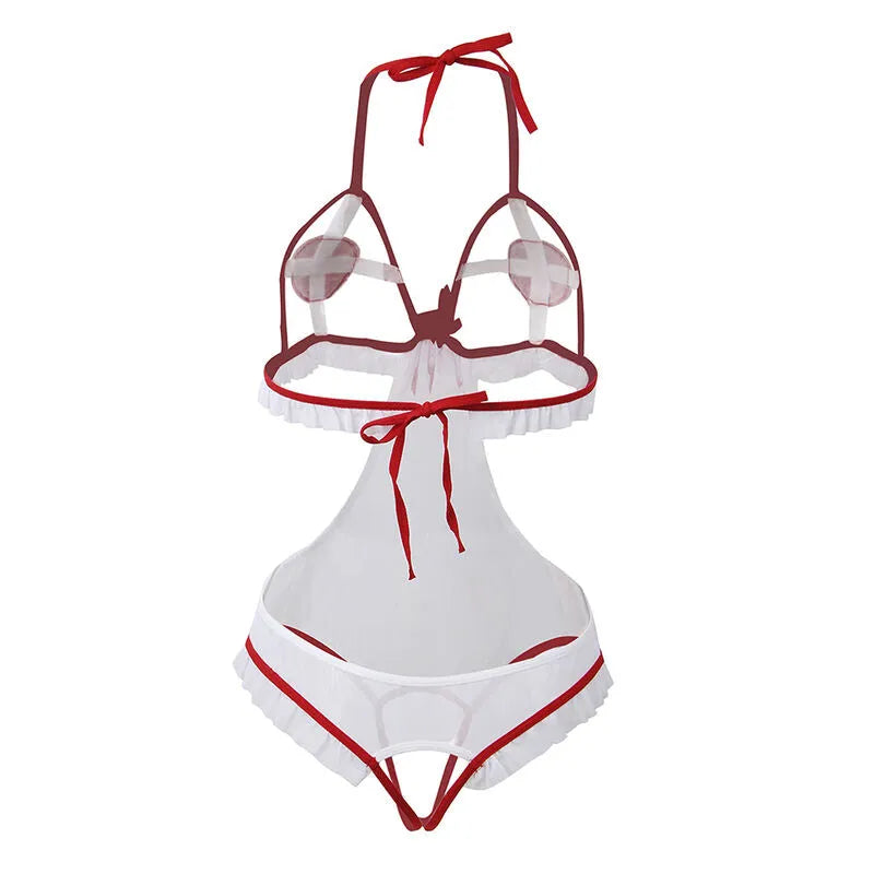 lingerie sexy infirmière blanche transparente confortable haute qualité résille douce extensible moulante ajustable sans entrejambe taille S M