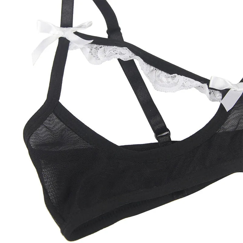 Lingerie servante noire et blanche grande taille L/XL avec dentelle et nœuds, design élégant et séduisant.
