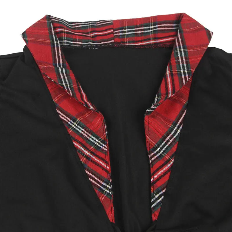 Costume écolière sexy noir avec col à carreaux rouges, jupe plissée, matière polyester élasthanne, style audacieux.