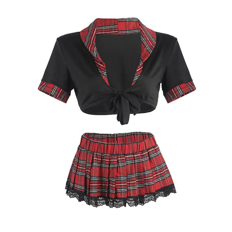 Costume écolière sexy grande taille, haut noir à nœud, jupe plissée rouge à carreaux, dentelle noire, élégant et séduisant.