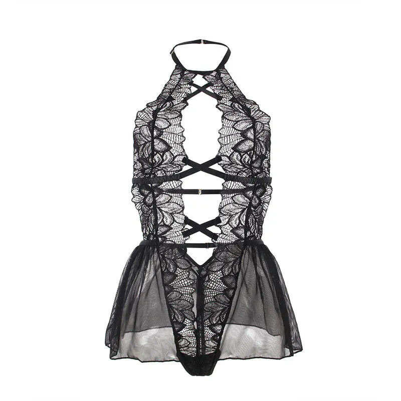 teddy dos nu dentelle noire confortable sensuelle séduisante sophistiquée élégante extensible durable ajustement flatteur féminine jupe tulle mystérieuse romantique soirée