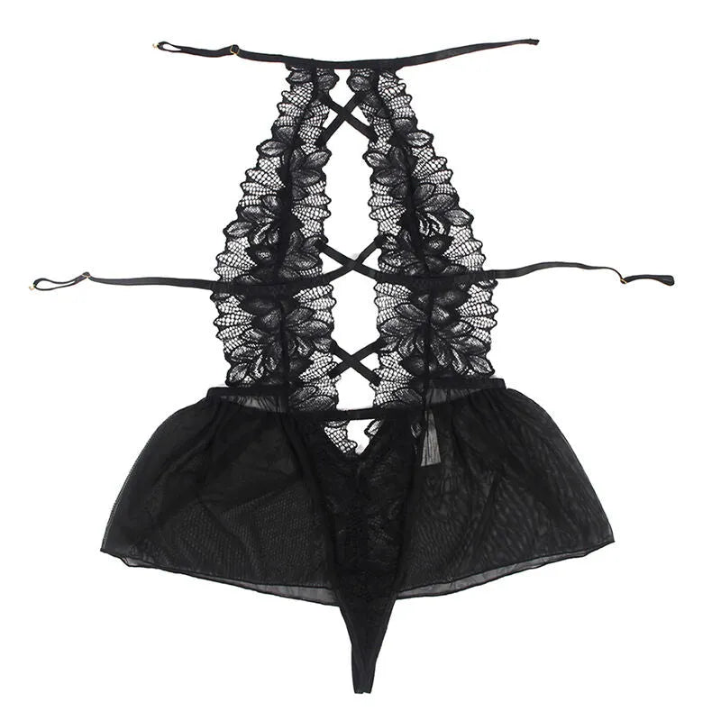 teddy dos nu dentelle noire confortable sensuelle séduisante sophistiquée élégante extensible durable ajustement flatteur féminine jupe tulle mystérieuse romantique soirée