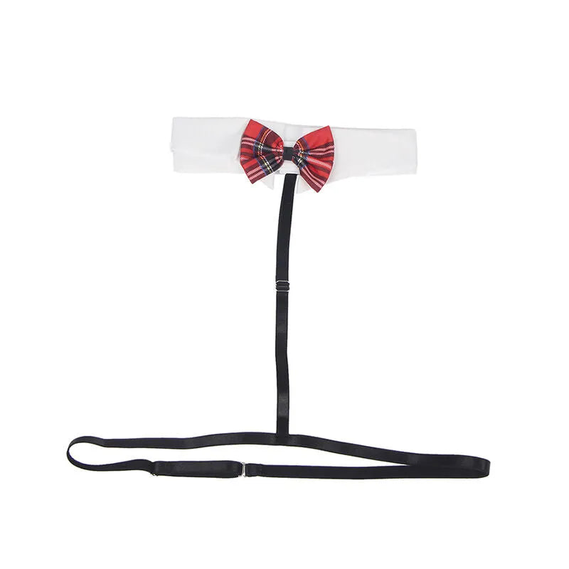Costume étudiante sexy en dentelle damier noir et blanc, soutien-gorge et culotte à volants, collier inclus, taille S/M.