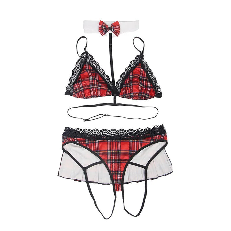 Costume étudiante sexy rouge à carreaux, dentelle noire, soutien-gorge et culotte volants, collier inclus, séduisant.