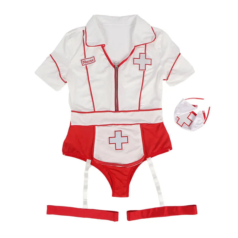 Costume infirmière sexy rouge et blanc, lingerie moulante en polyester, élastique, avec croix rouge et fermeture éclair.