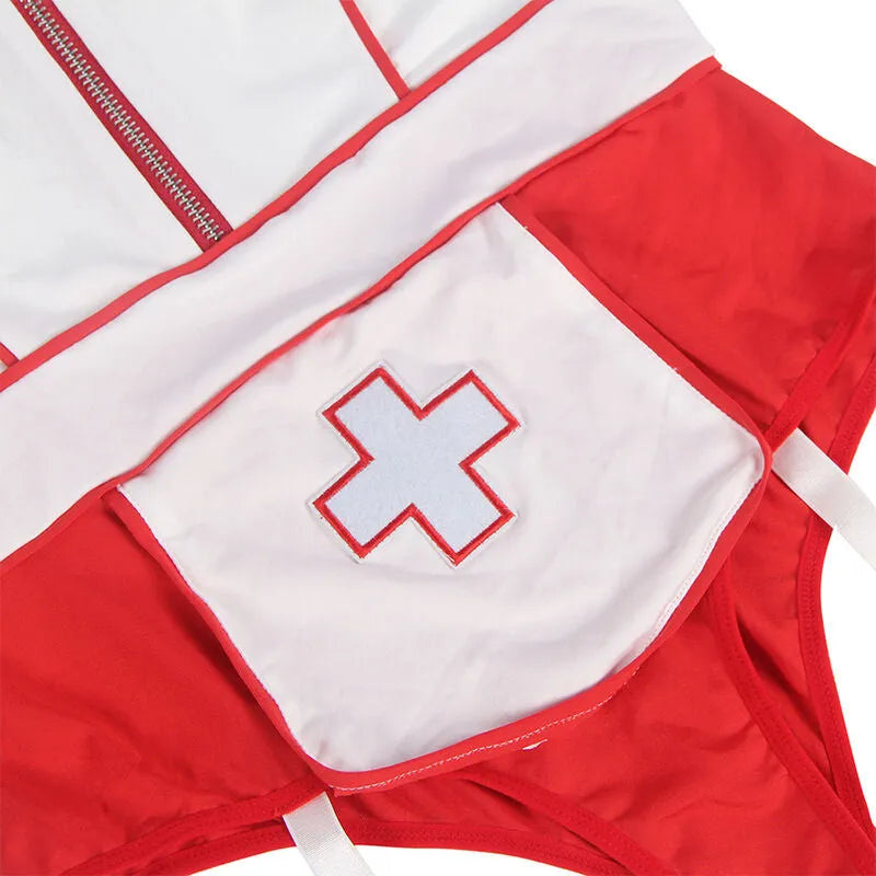 Costume infirmière sexy rouge et blanc, détails croix rouge, lingerie moulante en polyester élasthanne, élégant et séduisant.
