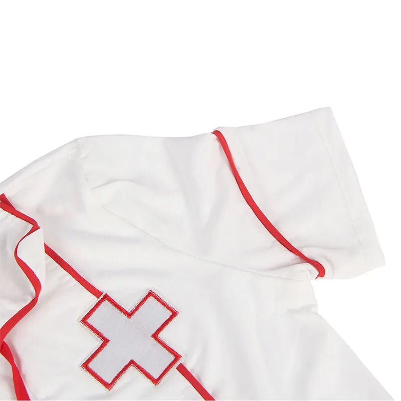 Costume infirmière sexy rouge et blanc, détails croix rouge, tissu élastique moulant, élégant et confortable.