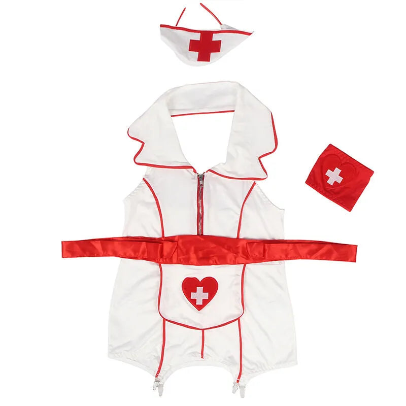 Déguisement infirmière sexy rouge et blanc, polyester élasthanne, coupe ajustée, accessoires inclus, tailles S/M.